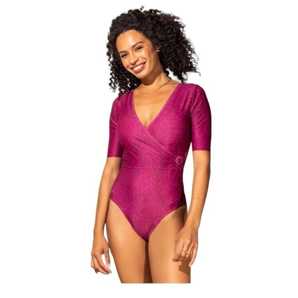 MOTT50 Ocean Imprint Natural Mia Elbow Sleeve Wrap One Piece Swimsuit - Picture 1 of 5